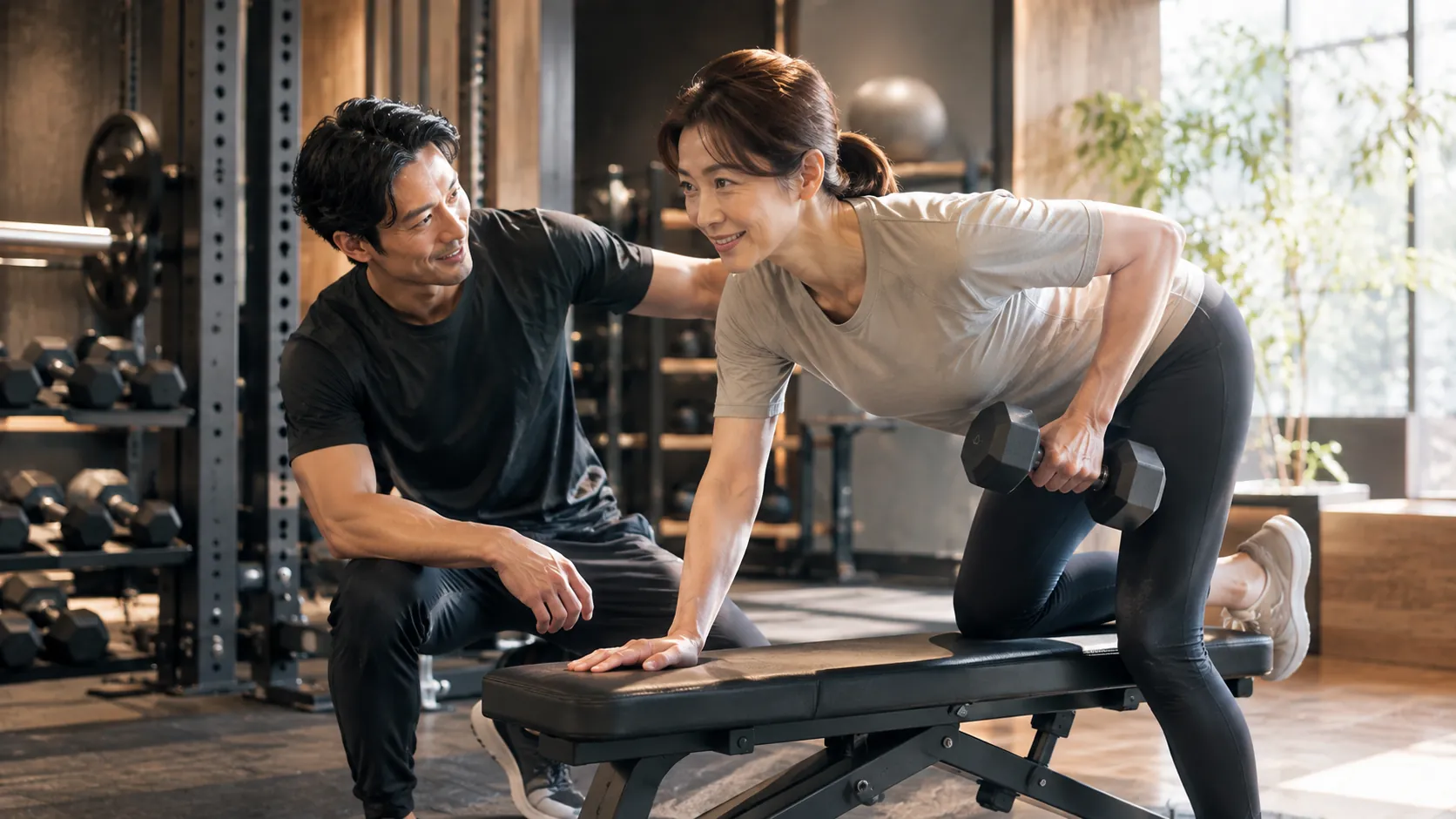 トレーナーがクライアントのトレーニングを見守る様子