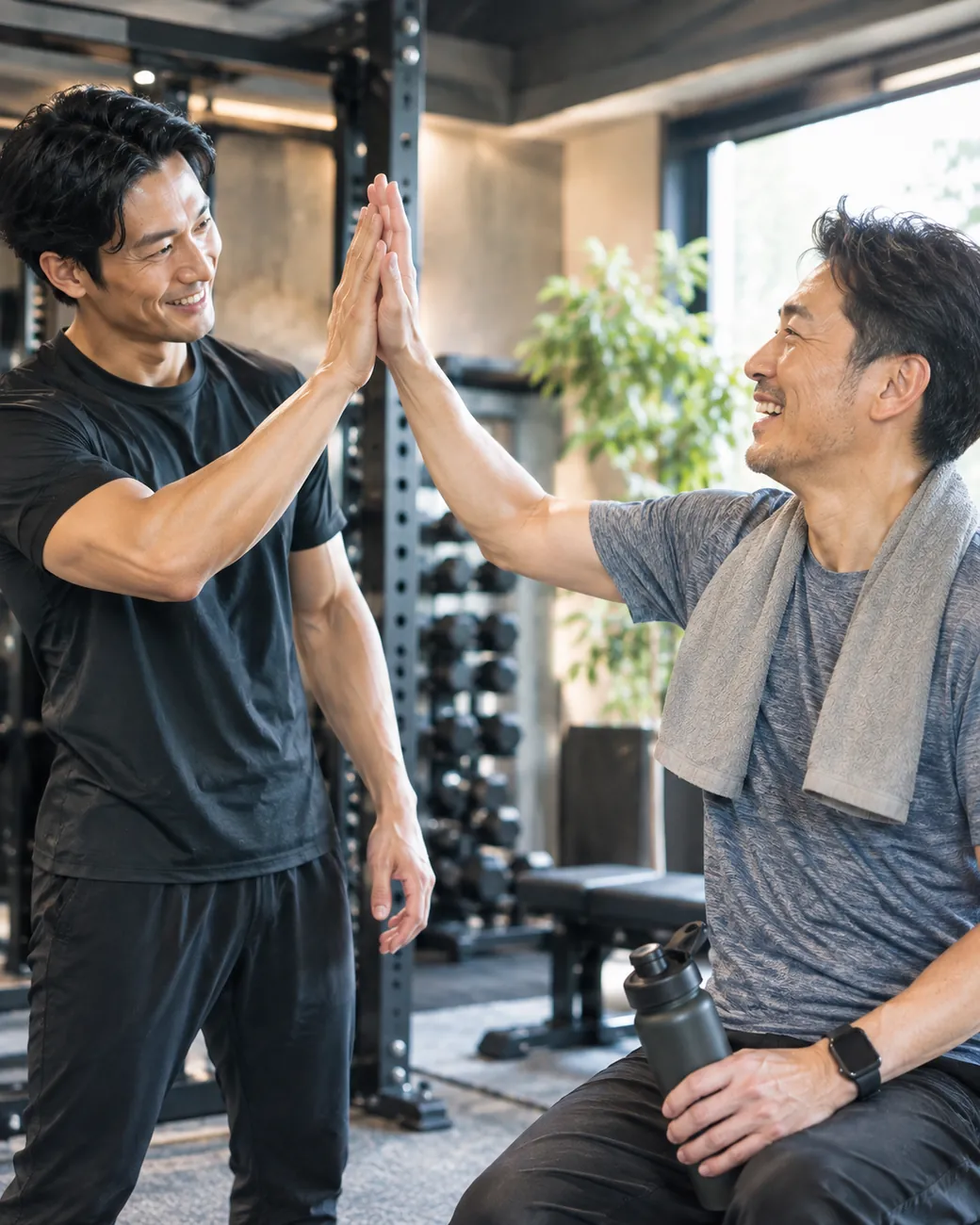 トレーナーとハイタッチする男性の様子