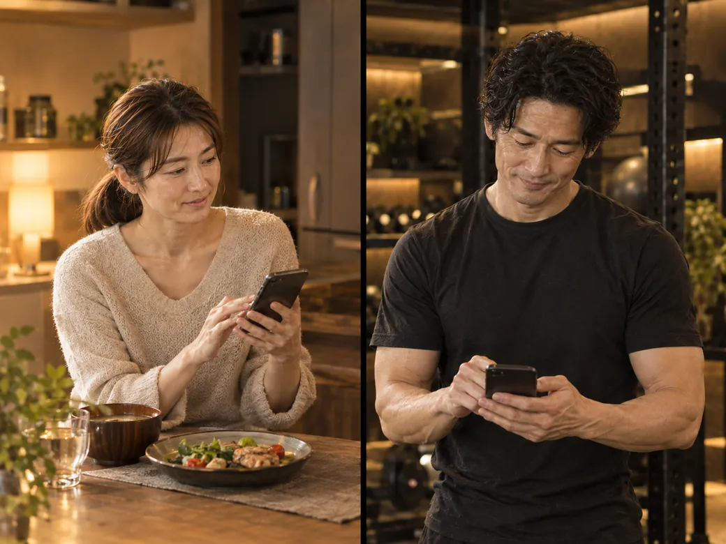 家でスマートフォンのメッセージを見てほっとする女性と、営業後のジムで返信するトレーナー