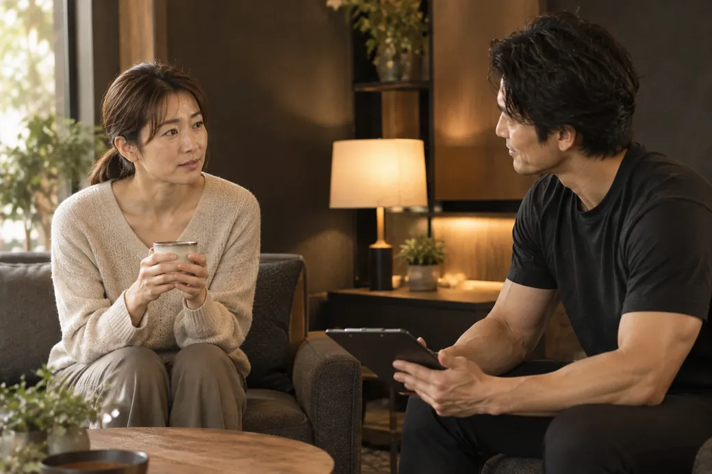 ソファでお茶を飲みながら、トレーナーに悩みや目標を話す様子