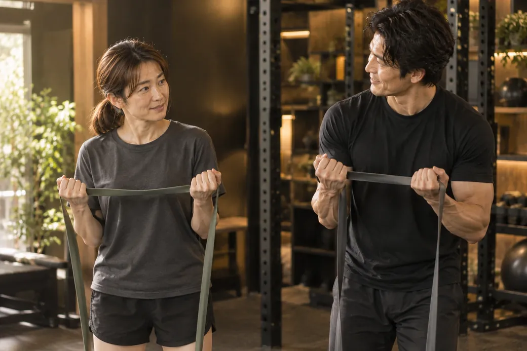 貸し出しウェアに着替えて、トレーナーと一緒にゴムバンドのトレーニングを体験する様子